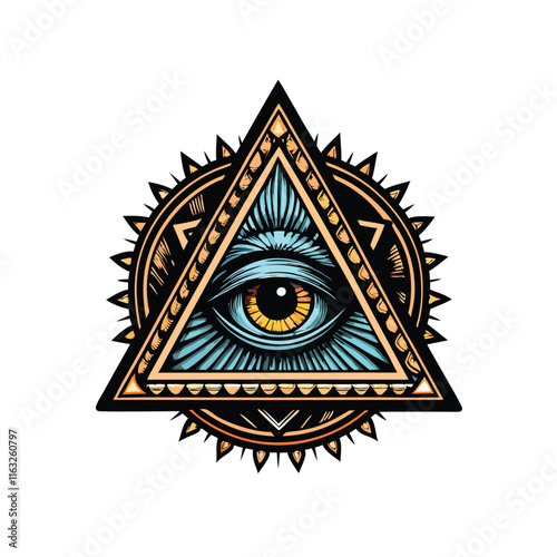 Create a vibrant, detailed image of a Masonic Eye of Providence ring, showcasing its intricate design and symbolic color scheme.  Include the 'all-seeing eye' within a triangle.