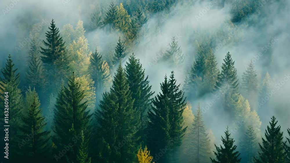 top view coniferous forest with misty fog top view coniferous forest with misty fog