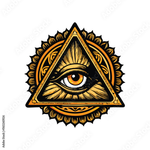 Create a detailed, colorful rendering of a Masonic Eye of Providence ring, emphasizing intricate details and symbolic color schemes.  Include a high-resolution sketch.
