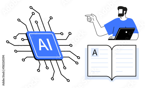 AI neural network chip connected by lines, person with laptop pointing, and an open book with text. Ideal for technology, artificial intelligence, education, e-learning, digital innovation, knowledge