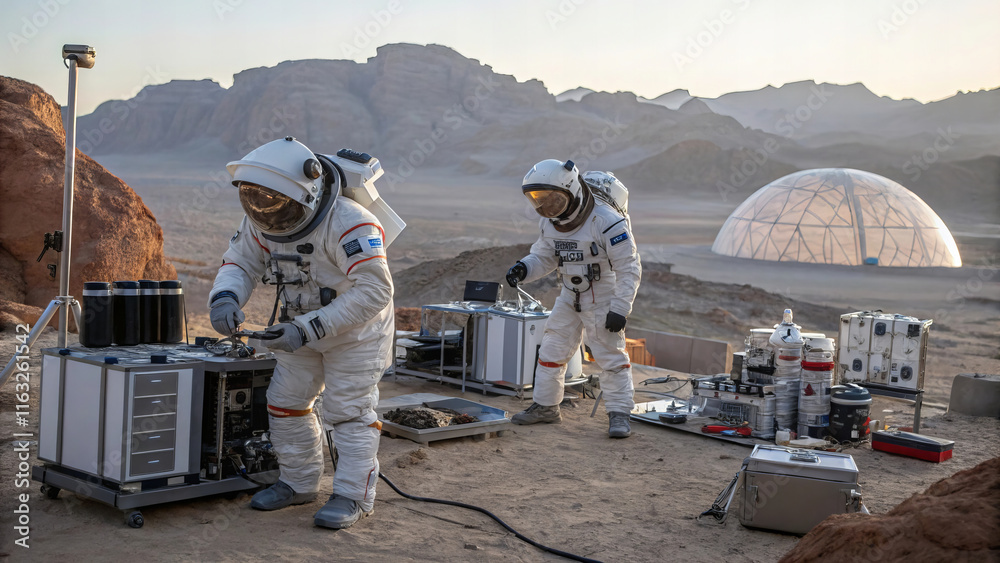 Obraz premium Astronauts conducting experiments on distant planet, showcasing advanced technology and futuristic habitat. scene captures essence of exploration and scientific discovery