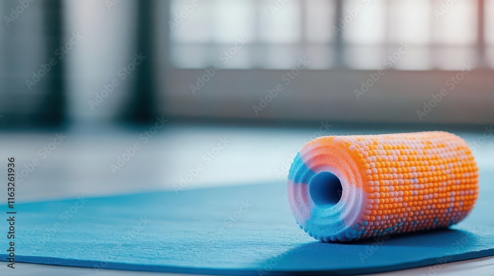 Foam roller with textured surface for recovery, placed on a yoga mat, warm lighting, wellnessfocused Foam roller with textured surface for recovery, placed on a yoga mat, warm lighting, wellnessfocused