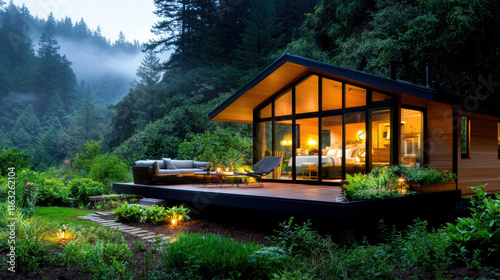 peaceful mountain cabin surrounded by lush green pine trees, perfect for relaxation