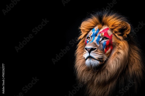 Fierce lion with tribal war paint markings, bold and dynamic tattoo inspiration photo