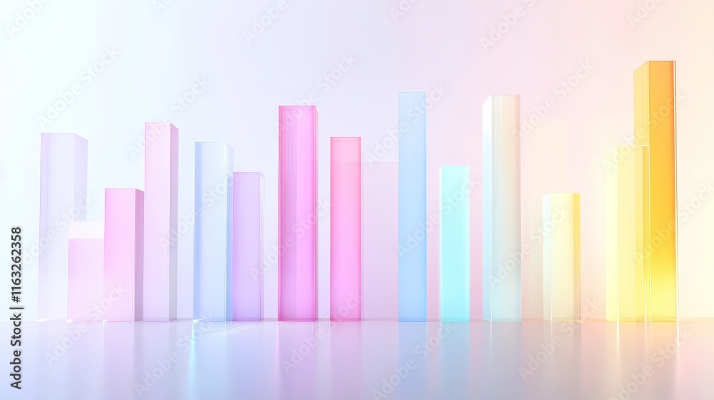 Fototapeta premium The image features a series of translucent bars in varying heights and pastel colors, arranged in a way that resembles a modern data visualization or abstract art piece.
