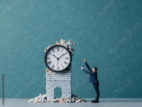 Entrepreneur dismantling an old clock tower, representing outdated careers, Career transition, Rebuilding time for modern industries photo