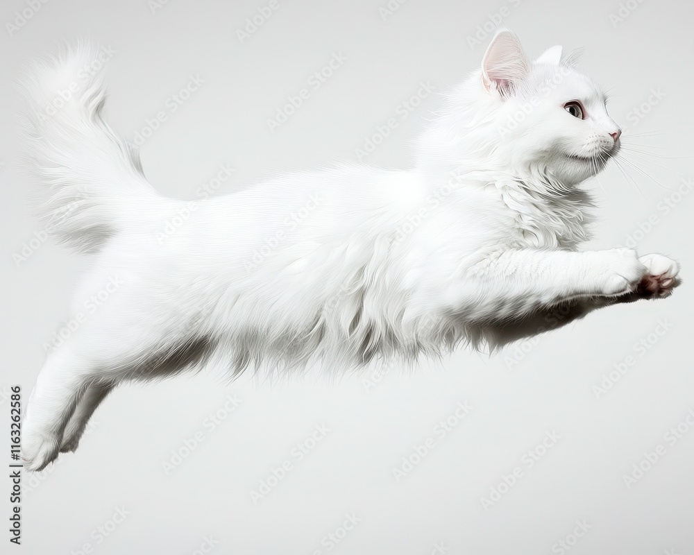 Fototapeta premium A fluffy white cat is captured mid-leap against a neutral background, showcasing its grace and agility. The image highlights the cat's fur texture and dynamic movement.
