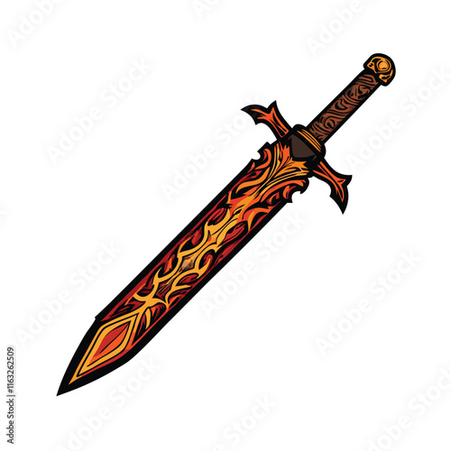 A fiercely burning flame intricately engraved into the blade of a massive Scottish claymore, showcasing detailed craftsmanship.