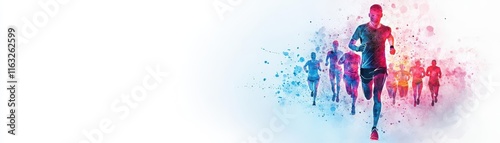 Energetic watercolor of a runner with a glowing support team running beside them