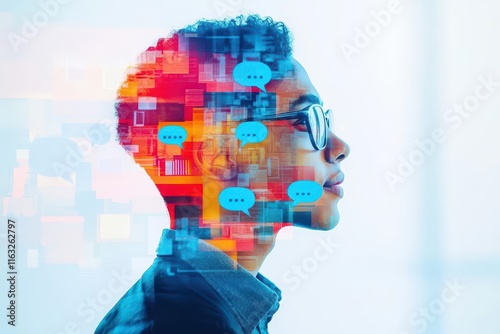 Effective communication in managerial success close up, focus on, copy space warm hues Double exposure silhouette with speech bubbles