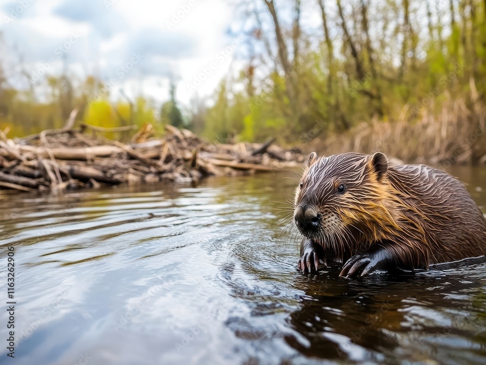 A scenic river rewilded with beavers constructing dams, showcasing nature's restoration and biodiversity. A scenic river rewilded with beavers constructing dams, showcasing nature's restoration and biodiversity.