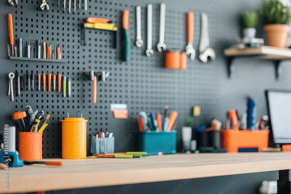 DIY workspace in a garage with a sturdy workbench, tools neatly organized, and a techsavvy desk area for multitasking