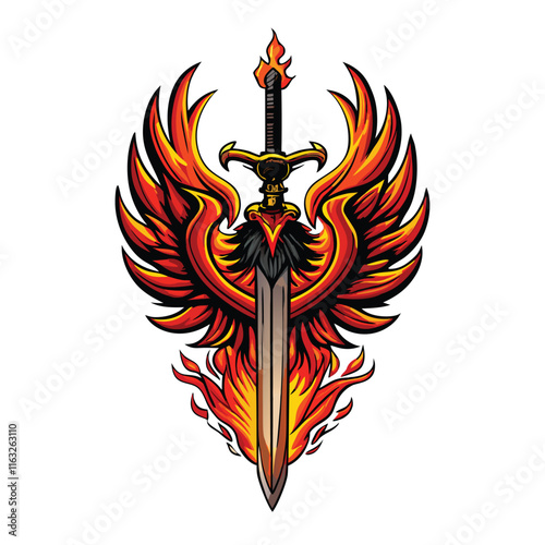 A fiery phoenix, wings outstretched, forms the blade of a magnificent sword; intricate details, vibrant flames.
