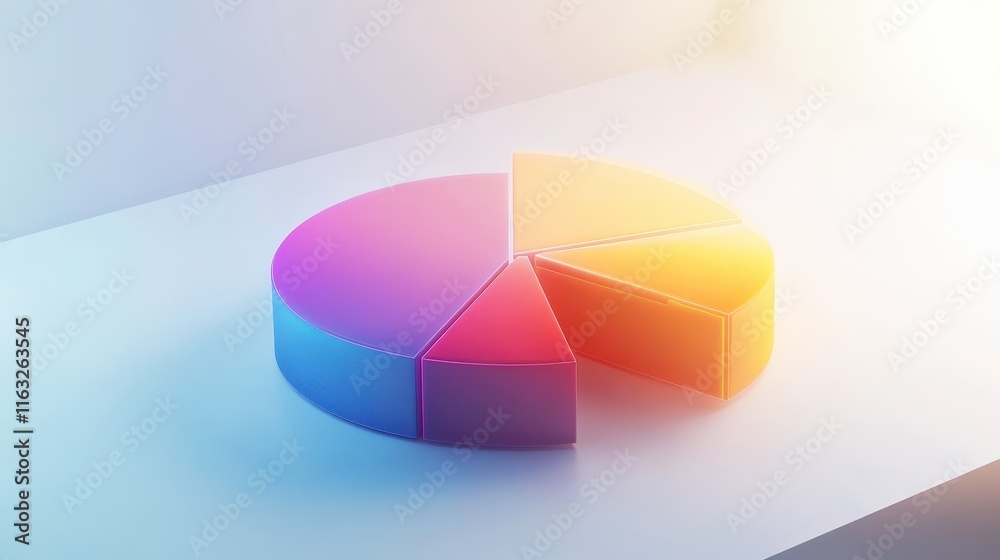 Obraz premium A colorful pie chart displayed on a white surface, showcasing different segments in gradient hues, illustrating data visualization concepts.