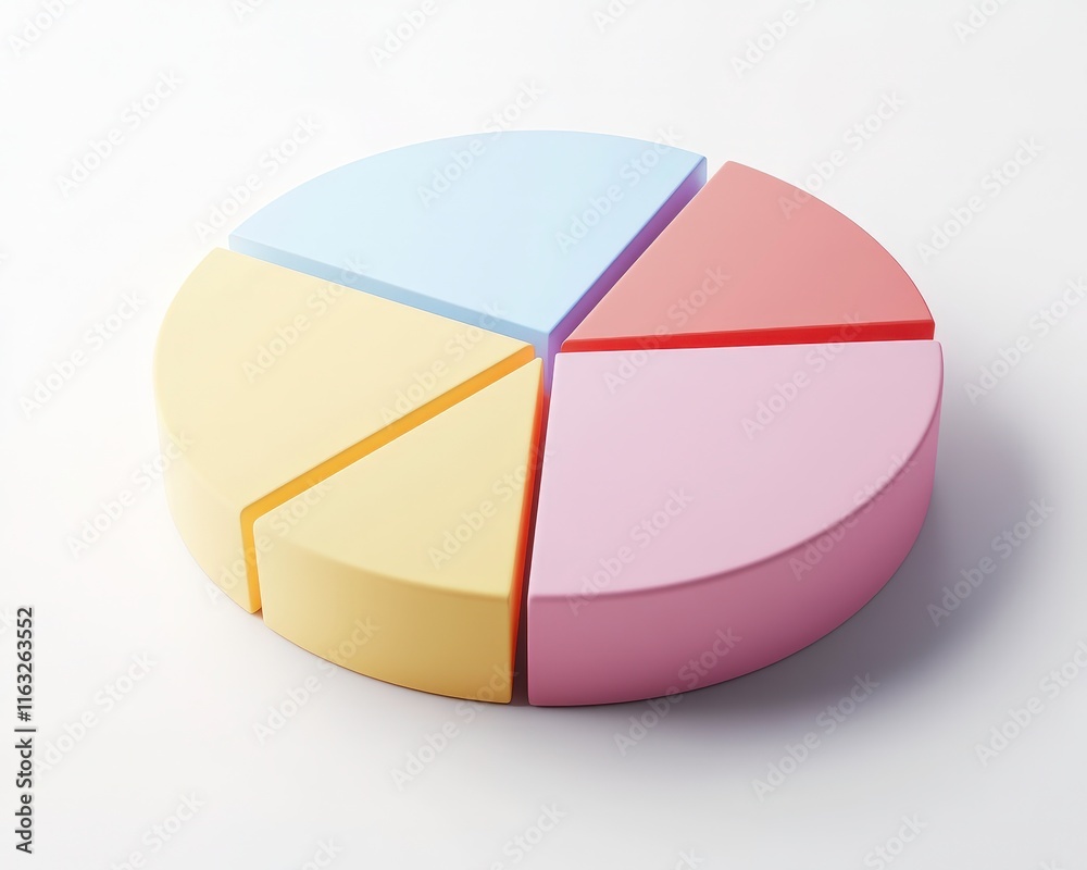 A 3D pie chart divided into five segments, each with a different pastel color, representing data or statistics visually. A 3D pie chart divided into five segments, each with a different pastel color, representing data or statistics visually.
