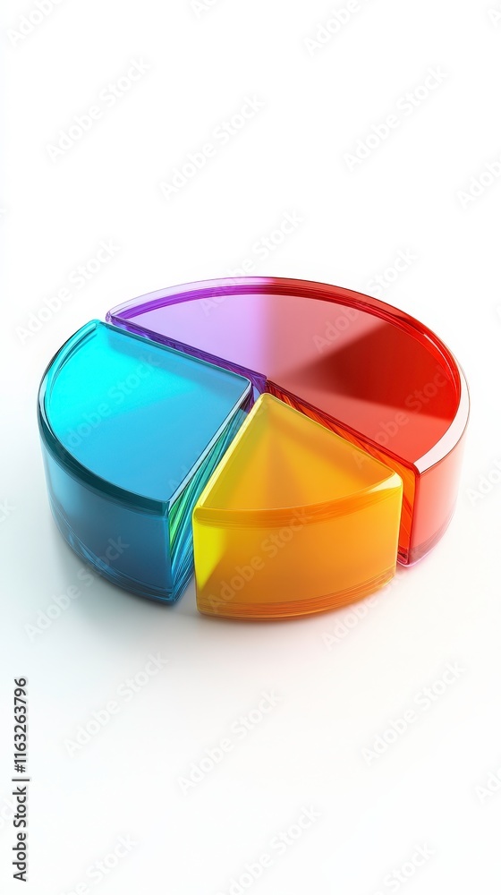 Obraz premium A colorful 3D pie chart displaying segments in various shades, representing data visualization. The chart serves as a tool for illustrating proportions and comparisons in information.