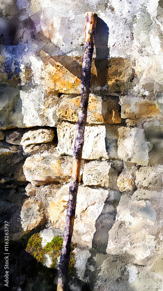 A delicate watercolor of a shepherd’s staff resting against a stone wall, with gentle rays of sunlight filtering through, evoking themes of guidance, faith, and tranquility in a soft, artistic style. A delicate watercolor of a shepherd’s staff resting against a stone wall, with gentle rays of sunlight filtering through, evoking themes of guidance, faith, and tranquility in a soft, artistic style.