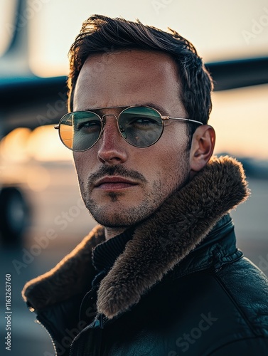 A male pilot wearing aviator glasses, confident expression, natural airport lighting, blurred airplane background,