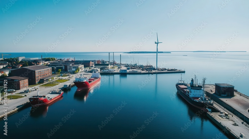 Fototapeta premium A vibrant port city utilizing solar and wind energy for sustainable power generation.