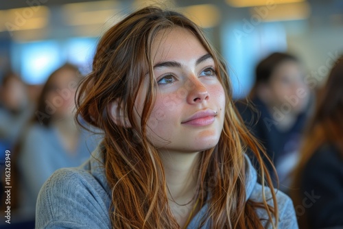 Wallpaper Mural Young woman with long brown hair in casual attire attentively listening in a classroom setting surrounded by studentsstudent Torontodigital.ca