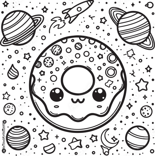 Coloring book cute donut in the space universe