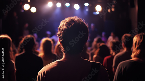 person stands in crowd, watching improv show with bright stage lights illuminating scene. atmosphere is filled with excitement and anticipation