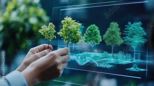 Community members designing a public park together, sketching ideas on holographic screens and planting virtual trees