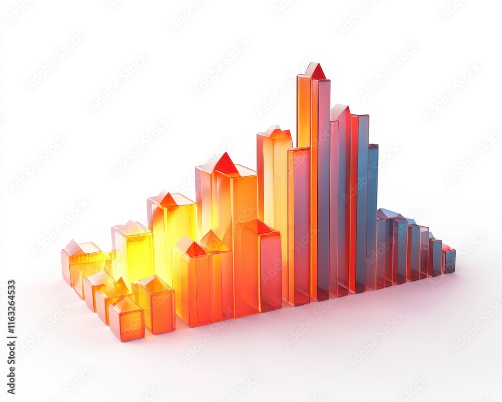 Fototapeta premium A colorful 3D bar chart representation, showcasing varying heights in a gradient of orange to blue, symbolizing data visualization and analysis.