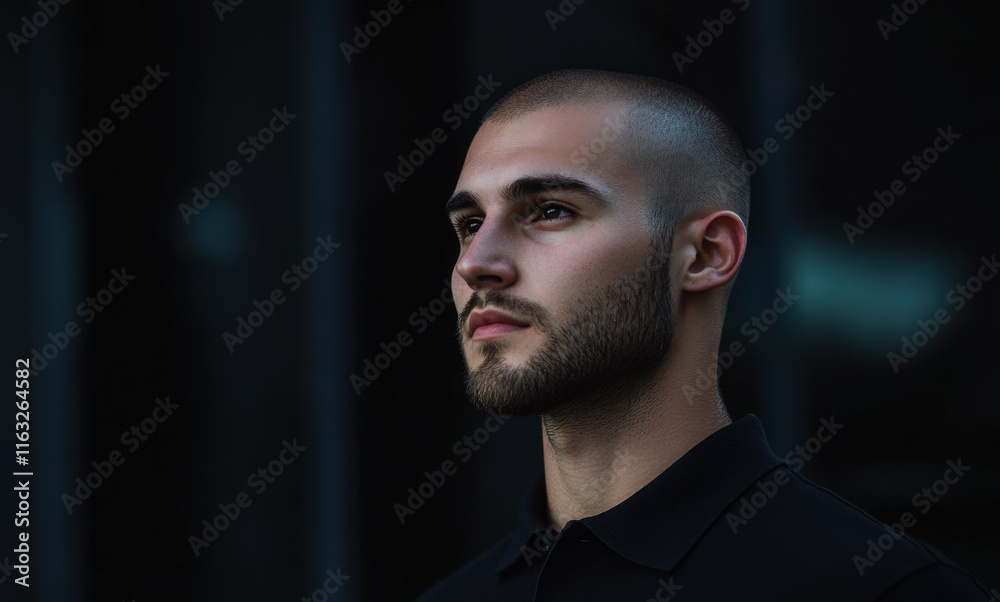 Fototapeta premium young man with bald head and beard gazes thoughtfully into distance, showcasing confident expression. background is dark, enhancing his features