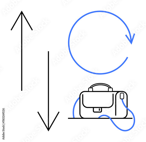 Simple black and blue lines form upward and downward arrows, circular arrow, and briefcase. Ideal for business strategy, productivity, career development, workflow, progress tracking, decision