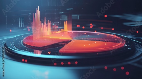 A futuristic data visualization featuring a 3D pie chart and bar graph, depicting analytical information with vibrant orange and yellow colors against a dark background.