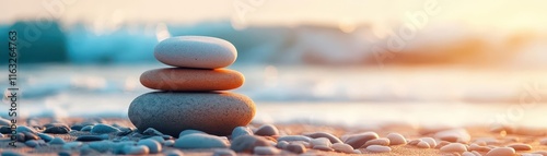 Closeup of a pebble milestone along a beach path, waves gently lapping nearby, soft goldenhour glow, tranquil vibe