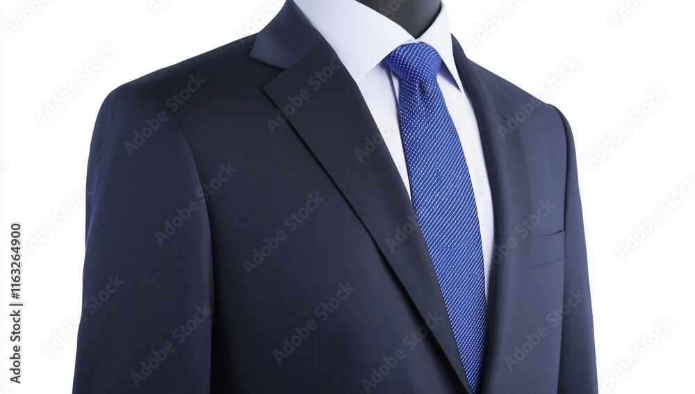 A formal suit with a blue tie displayed on a mannequin. A formal suit with a blue tie displayed on a mannequin.