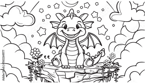 Adorable Dragon Coloring Page with Bold Line Art and Whimsical Elements