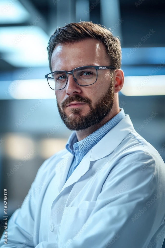 A male scientist wearing a lab coat, serious gaze, bright lab lighting, blurred modern research facility background, A male scientist wearing a lab coat, serious gaze, bright lab lighting, blurred modern research facility background,
