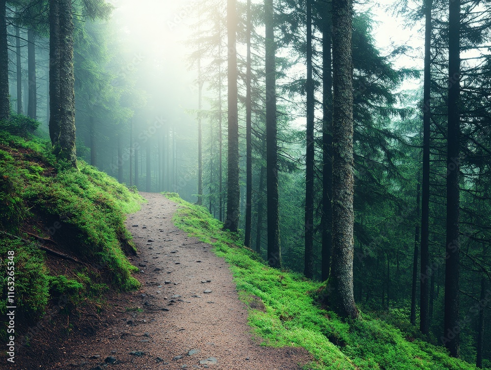 Fototapeta premium A serene forest path winding through tall trees, enveloped in mist and lush greenery, inviting exploration and tranquility.