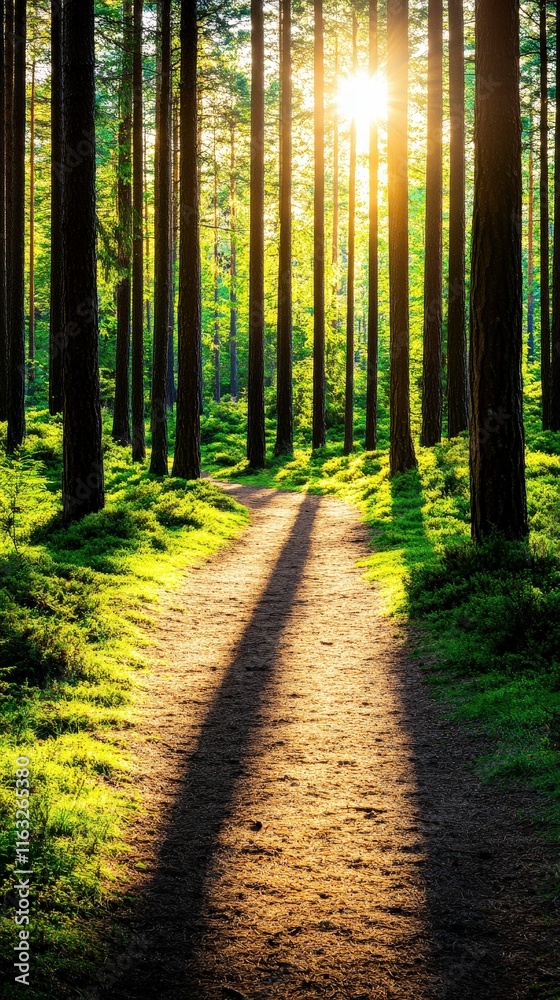 A serene forest path illuminated by sunlight, surrounded by tall trees and lush greenery, inviting exploration and tranquility. A serene forest path illuminated by sunlight, surrounded by tall trees and lush greenery, inviting exploration and tranquility.
