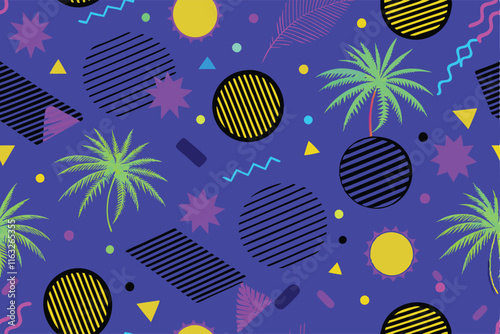 Design a vibrant, eclectic funky pattern featuring bold shapes, contrasting colors, and unexpected textures.  Think 70s retro mixed with modern art.