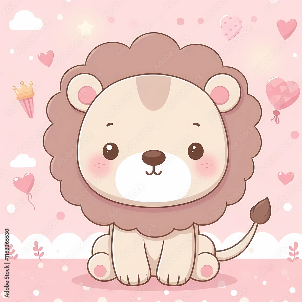 Whimsical Lion in Pastel Wonderland. Cute Cartoon Animal.