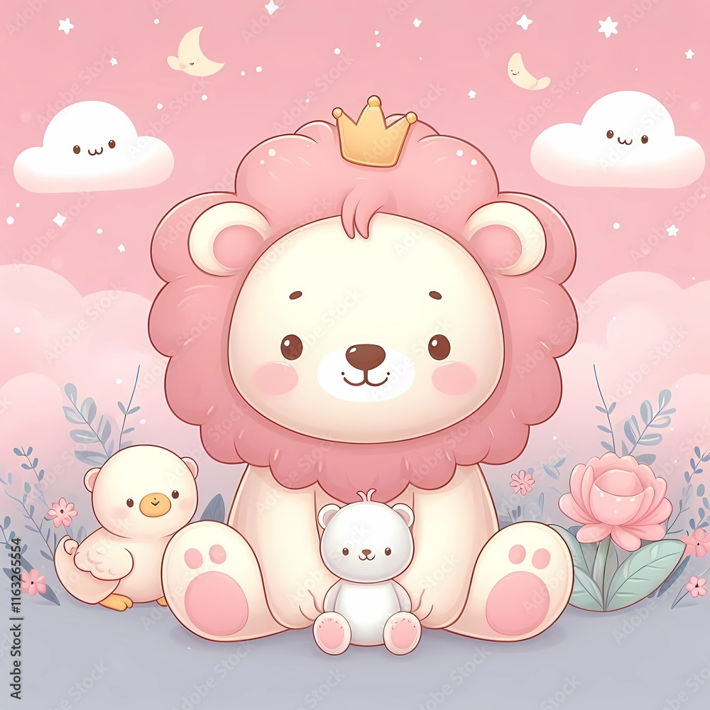 Whimsical Lion in Pastel Wonderland. Cute Cartoon Animal. Whimsical Lion in Pastel Wonderland. Cute Cartoon Animal.