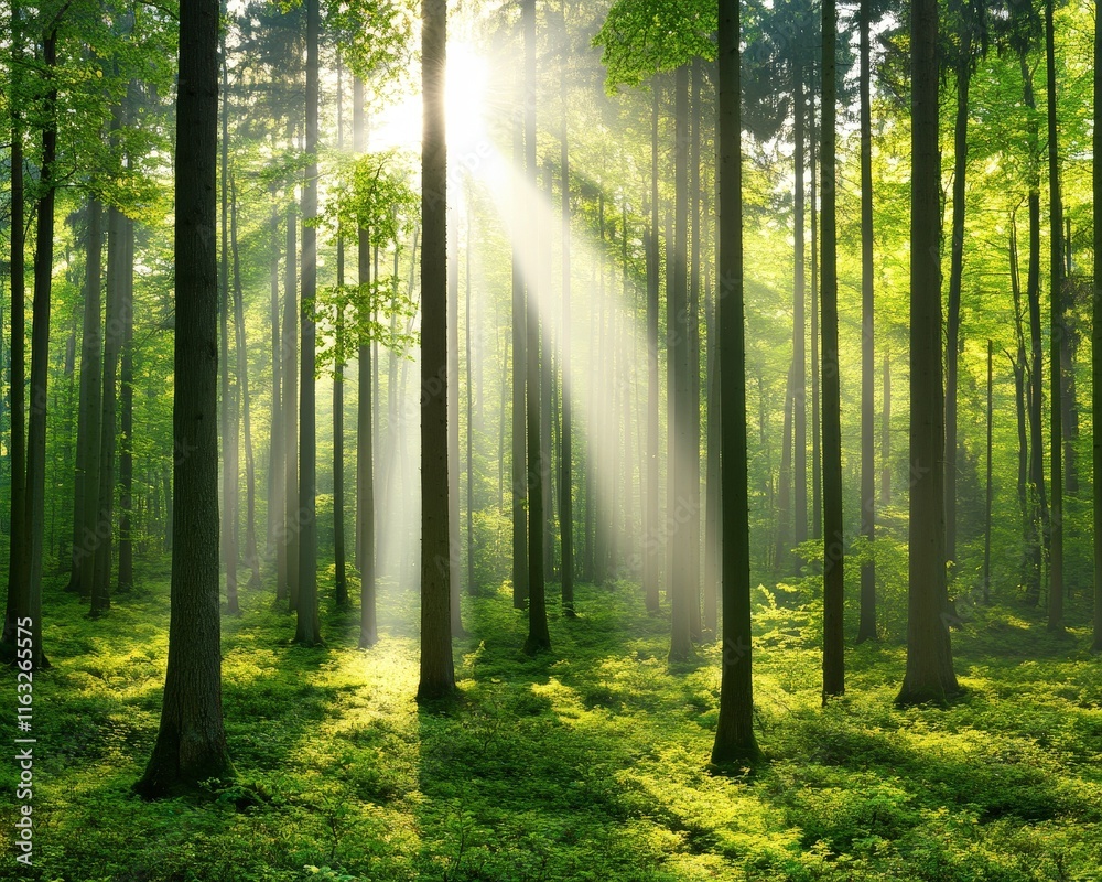 Obraz premium A serene forest scene with sunlight streaming through tall trees, illuminating the lush greenery and creating a tranquil atmosphere.