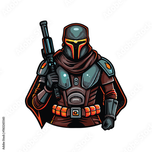 A sleek, armored futuristic bounty hunter, poised and ready for action, stands amidst a neon-lit cityscape.  Detailed armor, advanced weaponry.