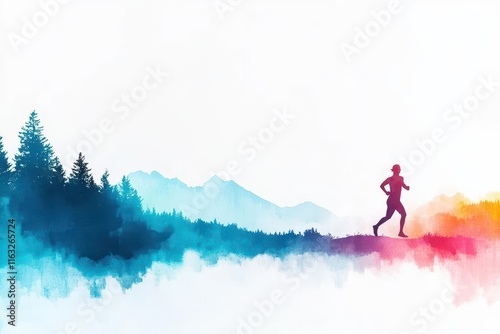 Athlete recovering midrun with soft jog, peaceful watercolor scene, gentle tones, natural trail setting, soft focus photo