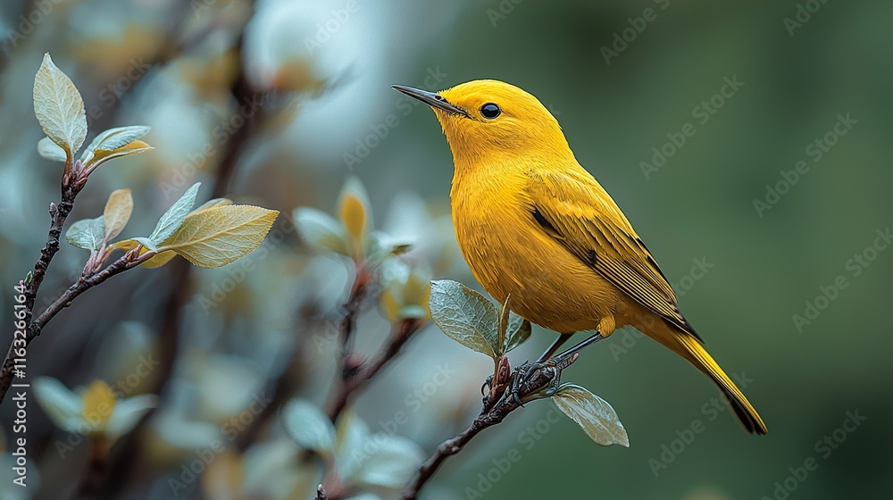 Fototapeta premium A bright yellow Prothonotary Warbler sings out loudly while perched on a small branch with fresh spring leaves with a smooth green background. 