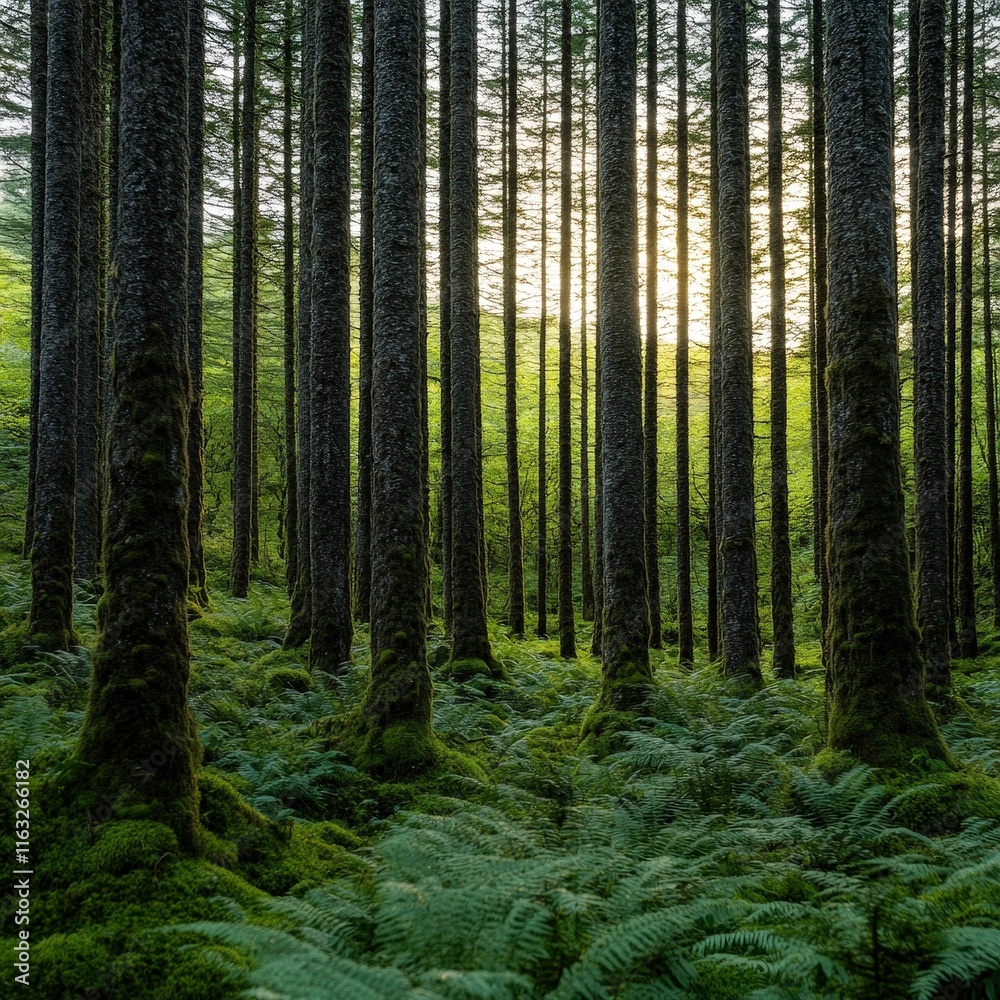 Obraz premium A serene forest scene featuring tall trees with moss-covered trunks and lush ferns, illuminated by soft sunlight filtering through the canopy.