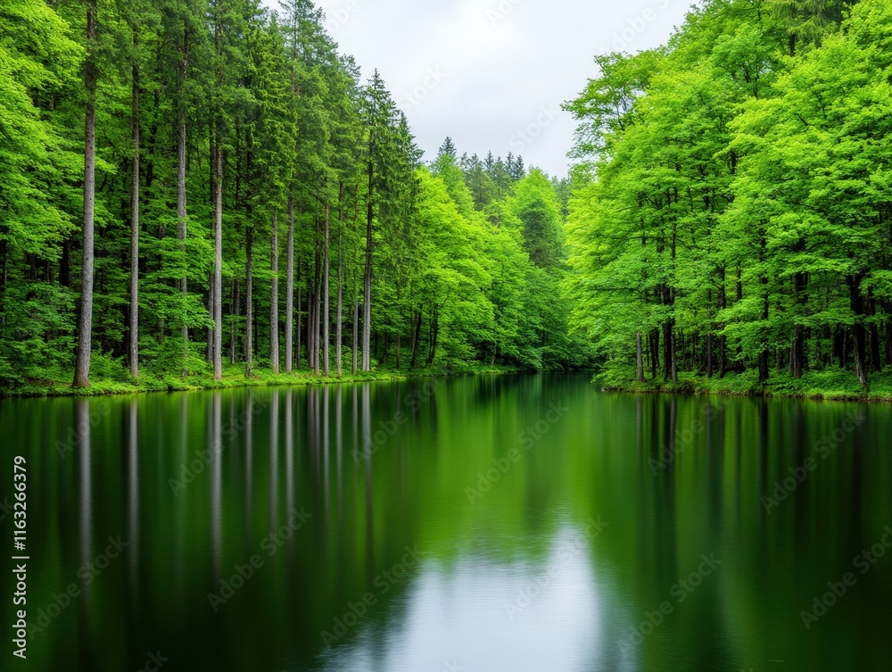 A serene forest landscape featuring lush green trees reflecting in a calm body of water under a cloudy sky. The scene conveys tranquility and the beauty of nature. A serene forest landscape featuring lush green trees reflecting in a calm body of water under a cloudy sky. The scene conveys tranquility and the beauty of nature.