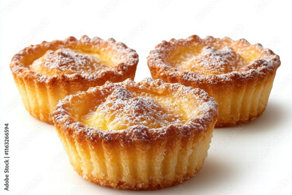 Three golden-brown custard tarts dusted with powdered sugar on a white background, showcasing a crispy edge and creamy filling, perfect for dessert lovers. Three golden-brown custard tarts dusted with powdered sugar on a white background, showcasing a crispy edge and creamy filling, perfect for dessert lovers.