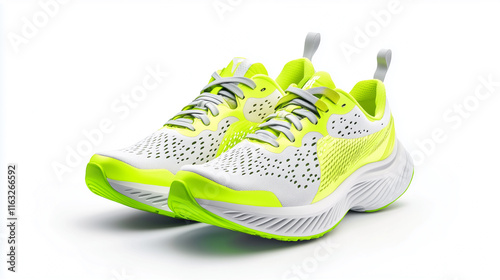 Pair of running shoes with neon accents isolated on white background for athletic branding photo