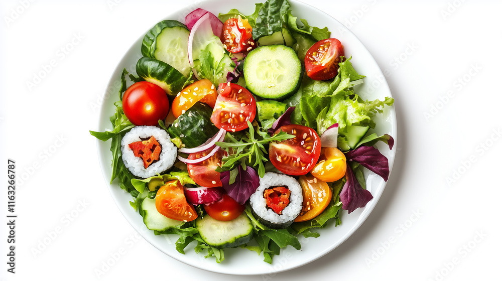 Plate of sushi rolls with vibrant toppings isolated on white background for Japanese cuisine