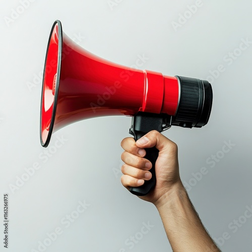 A hand holds a bright red megaphone, symbolizing communication and amplification of messages.